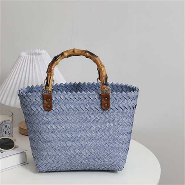 Fransk stråväska, vintage handväska, mångsidig stor kapacitet Blå