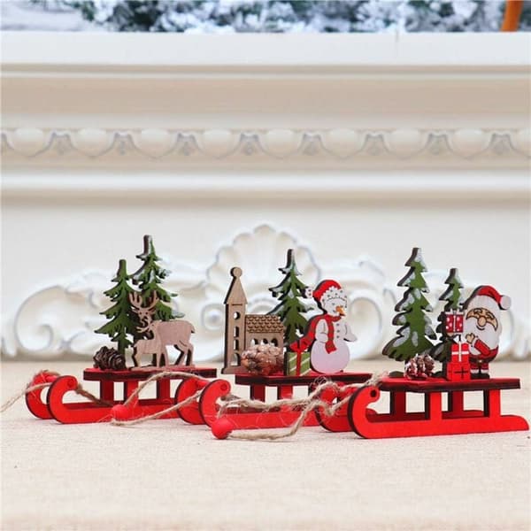 Julepyntsslæder, julemand snemand elg bordpynt, mini trælegetøj, julelegetøj til børn, fehave ornament sæt (3 stk)