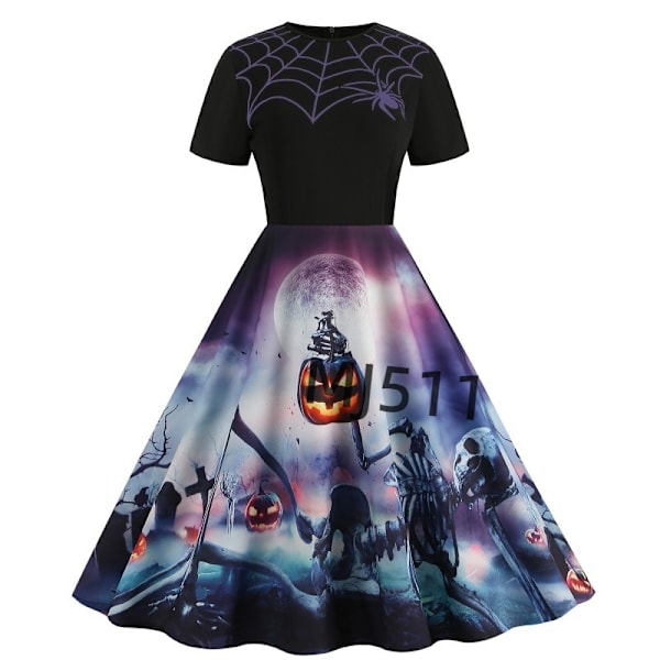 Halloween-inspireret ny syet rund hals retro festprint slank pasform stor svingkjole YZ6265# XL