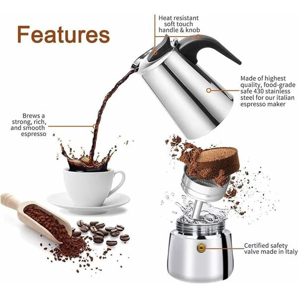 12-kops italiensk kaffemaskine i rustfrit stål, egnet til alle typer kogeplader, 12 kopper