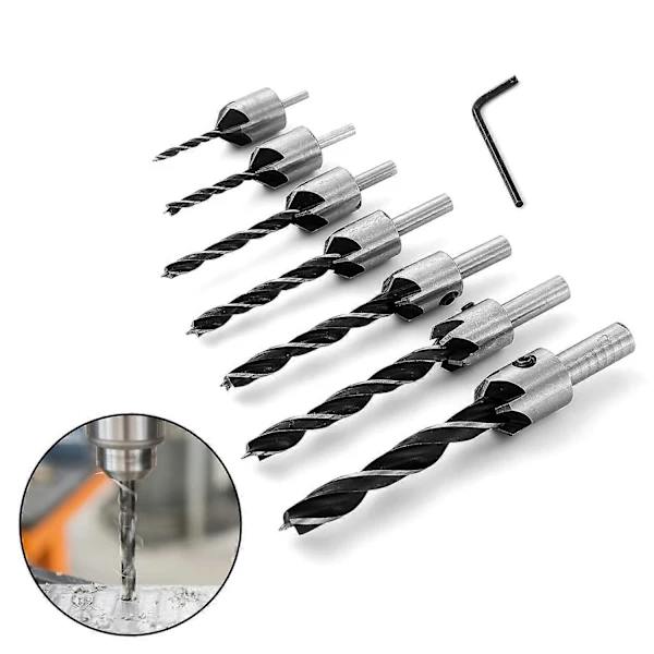 7 pcs Wood Drill with HSS Reamers Core Drill Countersunk Head Drill with Countersink and Depth Stop 90 Countersink (3-10mm)