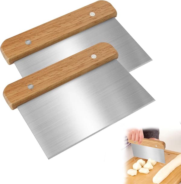 Deigskrapesett, deigkutter i rustfritt stål med trehåndtak, for hjemmebaking, brød, pizza og kake, 2-delt 15 cm