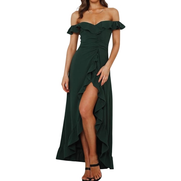 ivimos Dam Sommar Bomull Off Shoulder Ruffled Ruched Flowy Maxi Klänning med Split Mörkgrön Stor