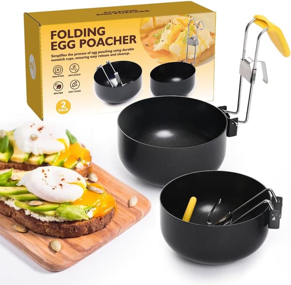 Nonstick Egg Poacher Sett Med 2, 430 Rustfritt Stål, Sammenleggbare Håndtak, Inkluderer Oljebørste For Familiefrokoster