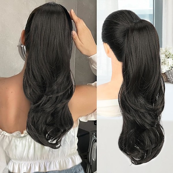 Hårsvansförlängningar, 16 tum Naturlig Svart Lång Dragsko Vågig Clip in Ponytail Hår Extensions Lagerad Syntetisk Hårdel för Kvinnor
