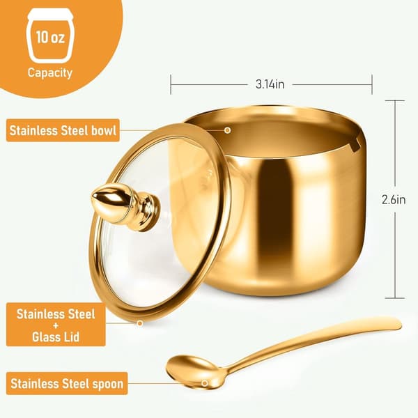 Sukkerskål med glaslåg og ske, 304 rustfrit stål, 10 Oz/300 ml, guld, til køkkenkaffebarer og borde