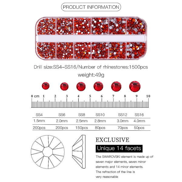 (Röd) 12 celler rund AB diamant blandad nail art kristall strass