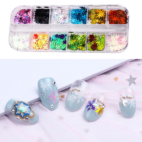 IC Jul Nagelkonst Glitter Snöflinga Nagelkonst Paljetter 3D Nagel stil 2