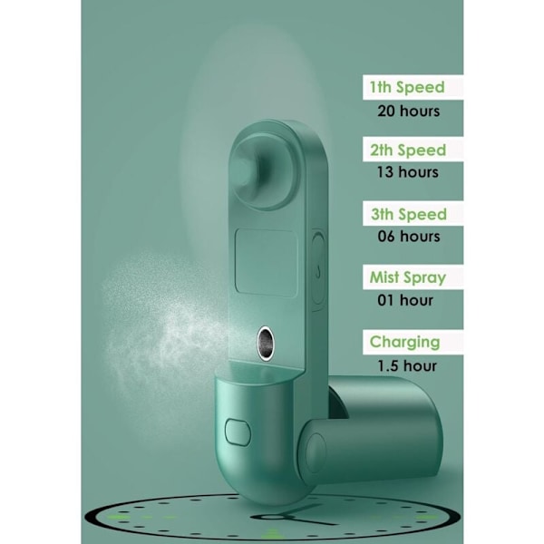 Bærbar Mist Fan, 3 i 1 Håndholdt Ventilator, 3 Justerbare Hastigheder, Foldbar Personlig Ventilator til Piger Kvinder Rejser (Grøn)