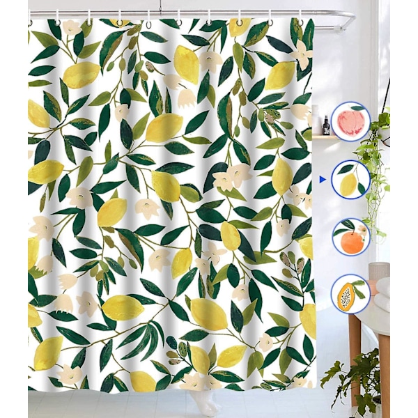 Sunrain Lemon Shower Curtains, Allover Fruits Shower Curtain Green Leaves Plant Design Waterproof Fabric Bathroom Shower Curtain Set With 12 Hooks, Gr