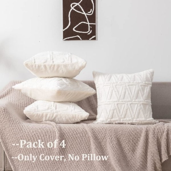IC Dekorativa kuddfodral 18x18 set om 4 för soffa, mjukt konstgjord kort ull sammet Boho kuddfodral för vardagsrumsinredning, vit