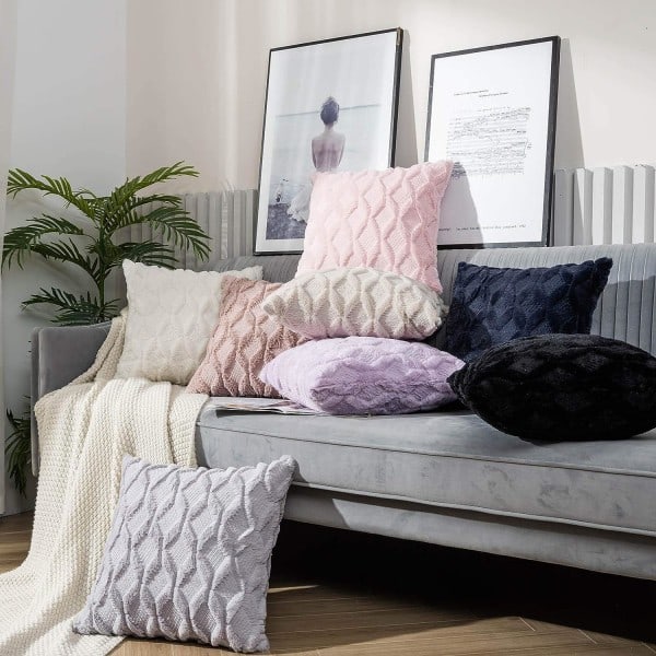 IC Dekorativa dobbeltsidige putetrekk i plysj, pakke med 2 luksuriøse korte trekk for sovesofa soverom, 16x16 tommer, rosa