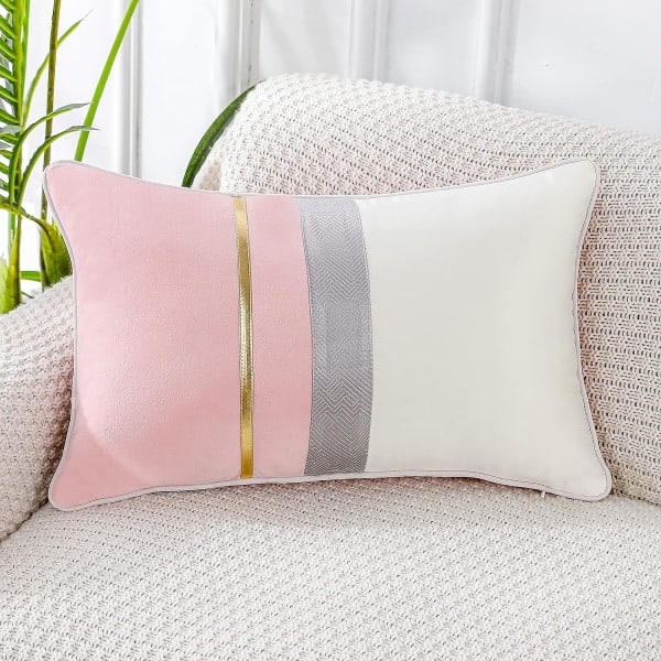 IC Patchwork rosa sidenliknande kuddfodral i överdrag med guldrandigt fodral Modernt lyxigt ländryggskuddfodral, 12x20 tum