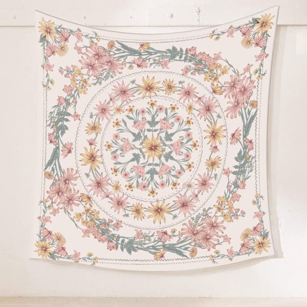 Mandala Blommig Medaljong Tapestry, Skissad Blommig Boho Väggbonad, Bohemiska Hippie Tapestries