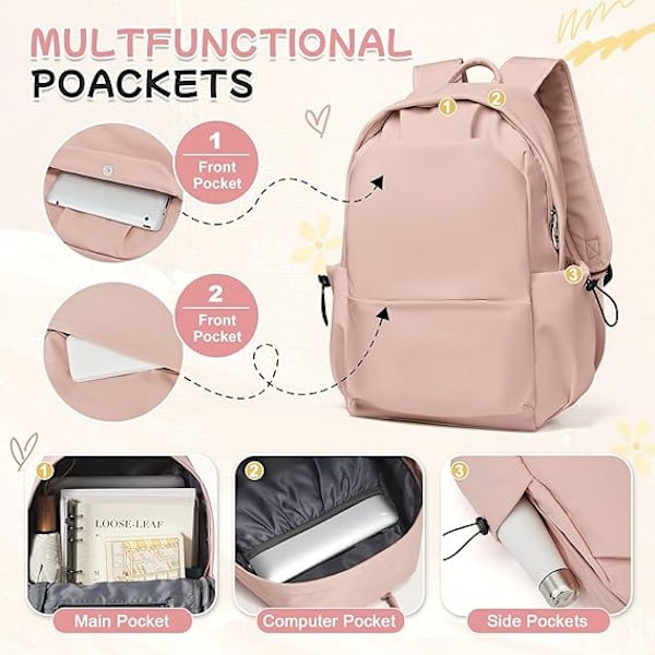 Kvinnors Campus Ryggsäck, Casual Resväska Bokväska 14 Tums Laptop Ryggsäck för Tonårsflickor, Lätt Pink