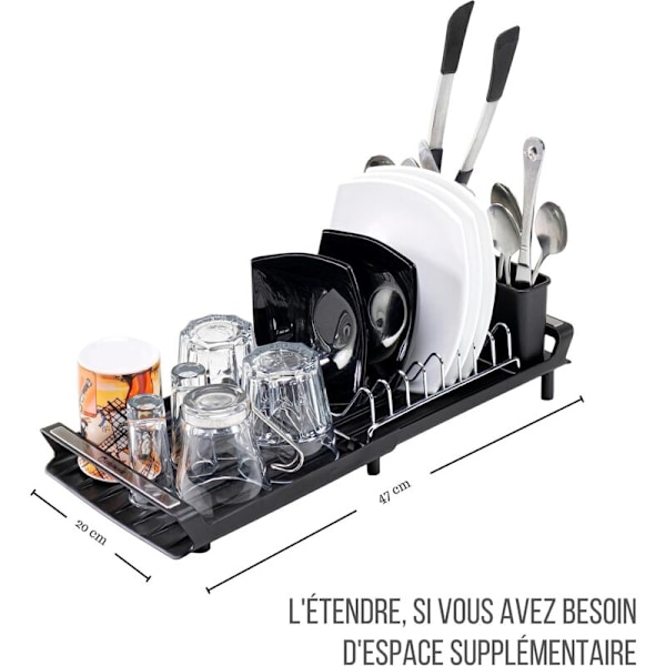 Uttrekkbart oppvaskstativ for kjøkken, vaskestativ med helletut, bestikkholder, sammenleggbart plaststativ, 28x20 cm svart farge.