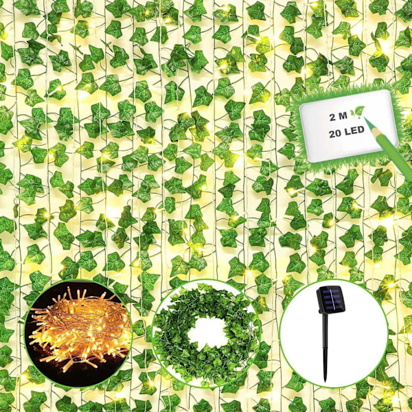 Ivy Konstgjord Girlang 2m Ivy String Light Plants Ivy Duck med 20 LED Solar String Ivy Girlang Konstgjord Falska Växter Grön Ivy för Trädgård Bröllop Ivy, warm white sun-2m-20led