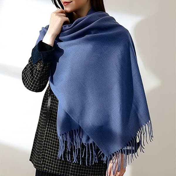 Dame vevd skjerf, myk imitasjon kasjmir polyester, lang frynsete sjal for høst og vinter, himmelblå, 70 x 200 cm Denim blue