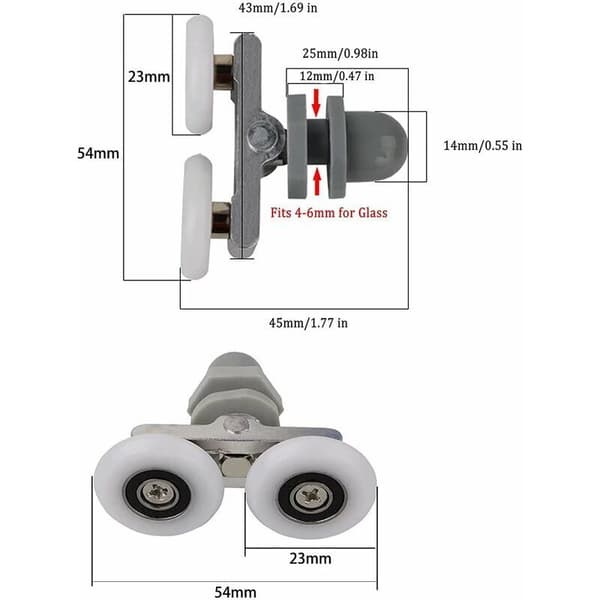Dusjdørruller Sett med 4 - Doble kulelager skyvedørruller (23mm)
