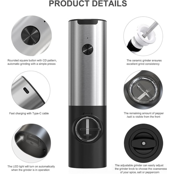 IC USB Oppladbar Elektrisk Pepperkvern Justerbar Grovhet Elektrisk Salt- og Pepperkvern Automatisk Krydderkvern med LED-lys, Holdbart Skall