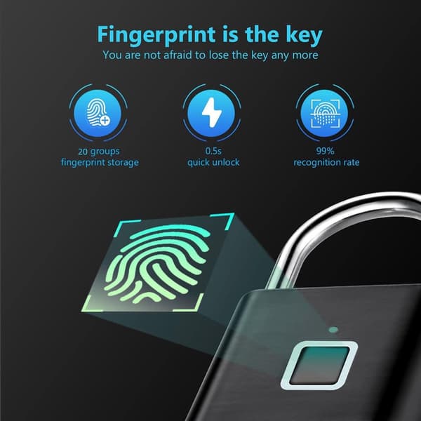 Biometrisk fingeraftrykslås, nøglefri USB genopladelig bøjle i rustfrit stål til træningsskabe, porte og opbevaring, sort