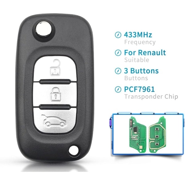 IC Bilfjernbetjening Nøglehus erstatning for Re-nault Clio 3 Kangoo Master Modus Twingo fjernbetjening bilnøgle med PCF7961 3 knapper