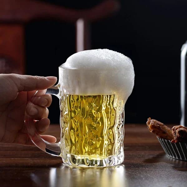 Ølkrus af glas med hank, stort tykt holdbart drikkekrus til øl, te og kaffe, klart