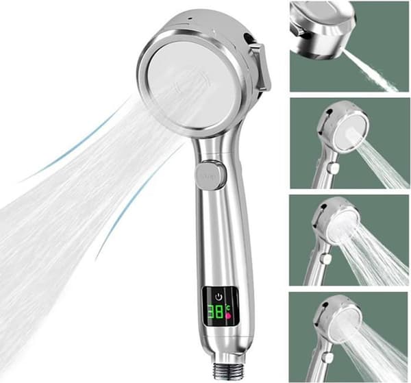 Håndholdt brusehoved med LED temperaturdisplay, 4 spraytilstande, pauseknap, vandbesparende, til hjemmebadeværelser, 28 cm