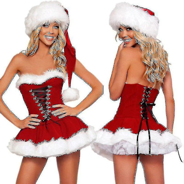S-2XL Högkvalitativ Damklänning Juldräkt Julparty Sexy Röd Sammetsklänning Cosplay Jultomten Dräkt Outfit Plus Size M