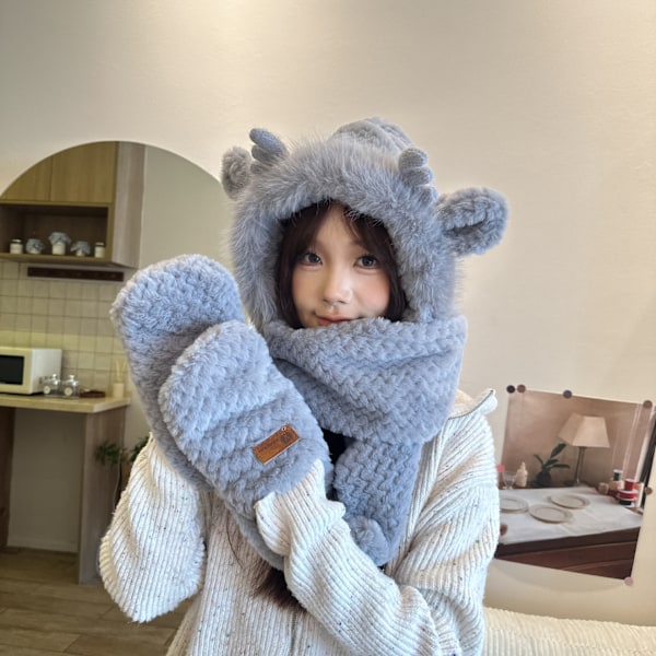 Bjørnehatt, skjerf og hansker - Tegneserie vinterutstyr for kvinner, sykling utendørs, kuldebeskyttelse, varm tykk skjerf, tredelt sett grey One Size