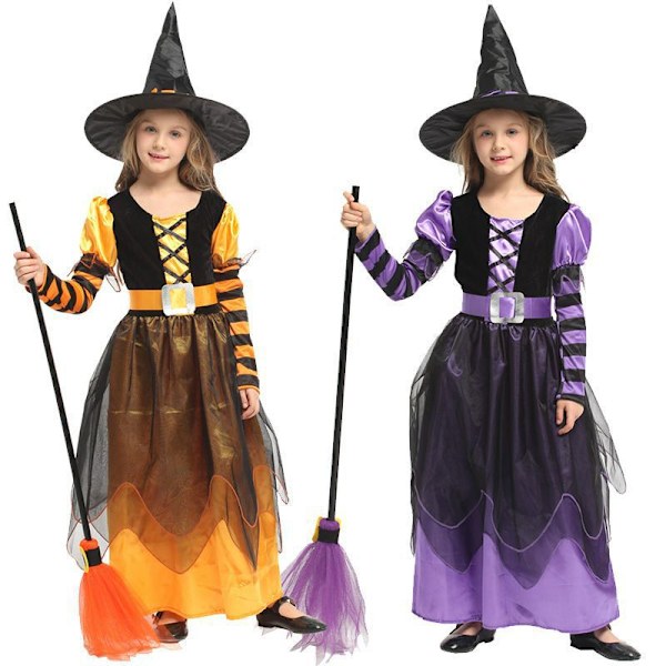 Halloween-kostyme for barn, heks prinsesse med hatt, maskerade heks forestilling klær, campus drama forestilling klær MJ51 XXL(140-150) Purple