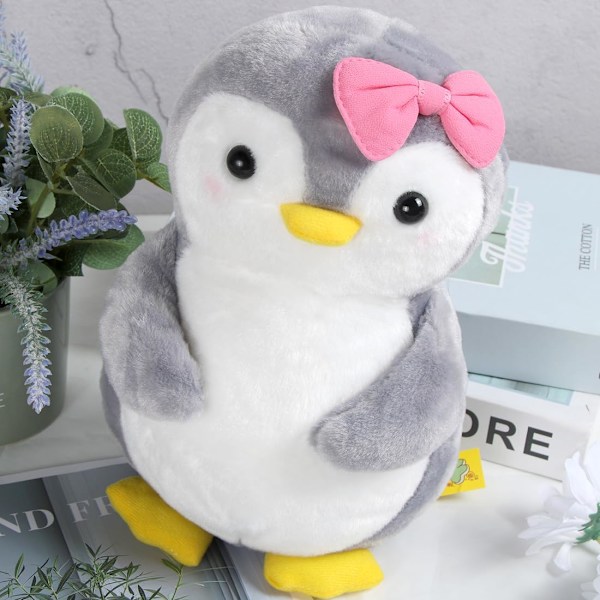 Plushdjur Pingvin Gosedjur för Flickor Mjukt Gosedjur för Gos och Lek Squishmallow Pingvin Plush för Flickor (Pingvin med Rosett, 25cm) Grå pingvin