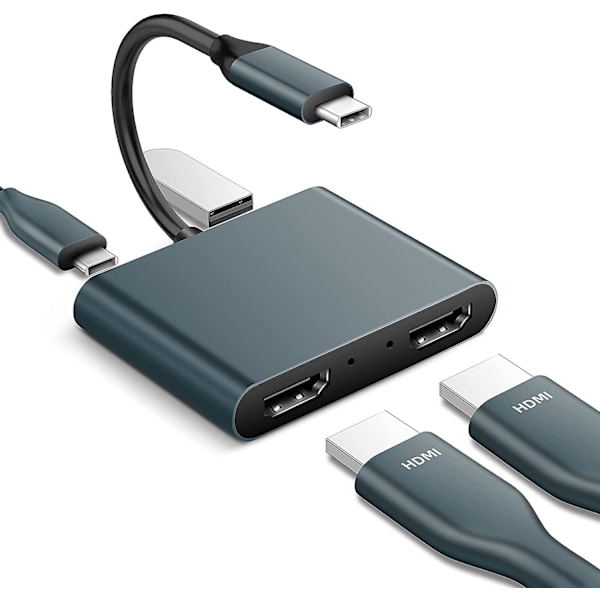 Usb C till Dual Hdmi Adapter 4k 60hz, 4 i 1 Typ C till Dual Hdmi, Usb 3.0 Port, Usb C Pd Laddning Kompatibel Med Mac Os, Windows, Android, Linux Usb C De
