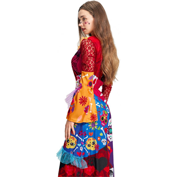 Halloween Day of the Dead-kostyme for kvinner, lang kjole med skjeletttrykk, fin kjole, kvinneantrekk L