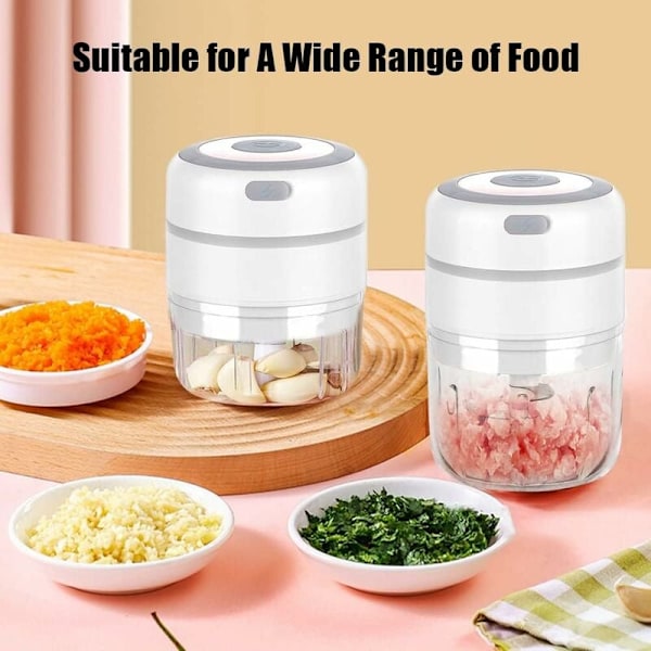 Mini Elektrisk Lökhackare med 2 Behållare, Multi Elektrisk Köksmixer Hackare 250ML+100ML, USB Uppladdningsbar för Grönsaker Frukt Kött (Vit)