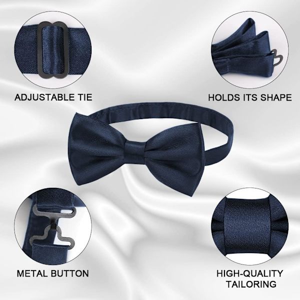 Herresløjfe, klassisk ensfarvet slipsesløjfe til mænd, satin Tux-slipsesløjfe, justerbar formel slipsesløjfe til fest, bryllup 3pcs-Navy blue