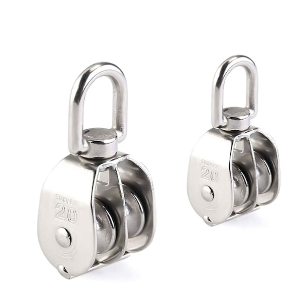 20mm Dubbel Remskiva Block, Rostfritt Stål Remskiva, Kran Roterande Smidig Wire Rep Lastning 75kg - 2 Stycken