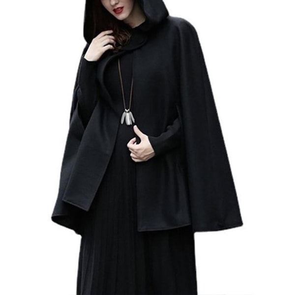 Kvinnor Hooded Kappa Cape Poncho Coat Jacka Baggy Casual Ytterkläder Vinter svart M