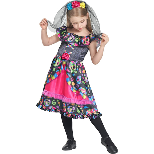 Halloween-asu Kuolleiden päivä, Dia de los Muertos -mekko, asu morsian la Catrina, luurankoasu lapsille naisille naisille Multicolor 7-8 jaar