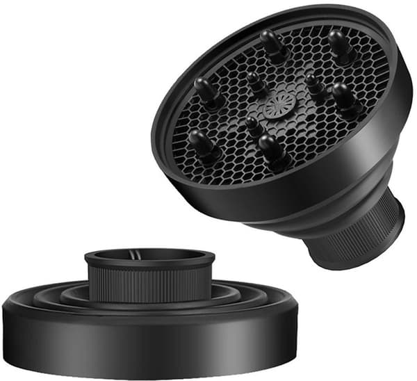 Universal hårtørrer diffuser, fleksibel silikone, varmebestandig op til 220°C, til krøllet hår, passer til runde dyser på 4-4,5 cm, sort