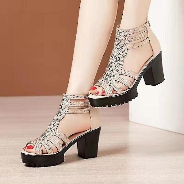 Høje hæle Gladiator Sandaler Kvinde Åben Hoved Seksuel Sort Nitte Blok Hæl Platform Sko Sommer Bag Zip Størrelse 35-40 Kvinde Sandaler