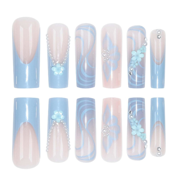 Luksus 3D Daisy Perler Tryk på Negle Gradient Falske Negle Franske Negle Tips Fuld Dækning Lange Firkantede Falske Negle til Kvinder og Piger 24Pcs, Nude
