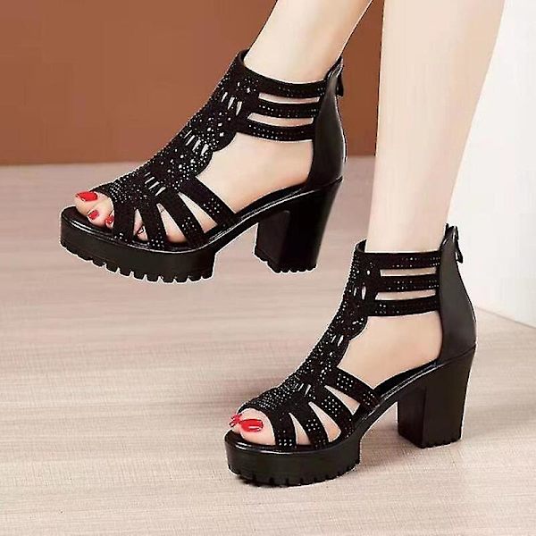 Høje hæle Gladiator Sandaler Kvinde Åben Hoved Seksuel Sort Nitte Blok Hæl Platform Sko Sommer Bag Zip Størrelse 35-40 Kvinde Sandaler