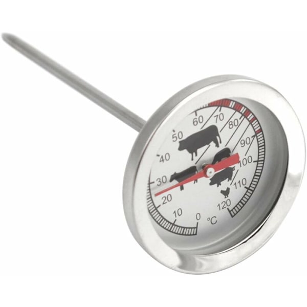 Stegetermometer i rustfrit stål - Analogt kødtermometer op til 120°C - Grilltermometer - Kødnål