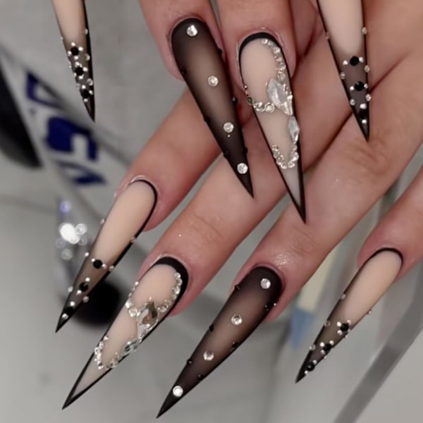 Sorte Ombre Tryk på Negle Lange Stiletto Falske Negle Matte Rhinestone Ekstra Lange Falske Negle Fuld Dækning Blanke Lim på Akryl Negle til Kvinder 24Pcs