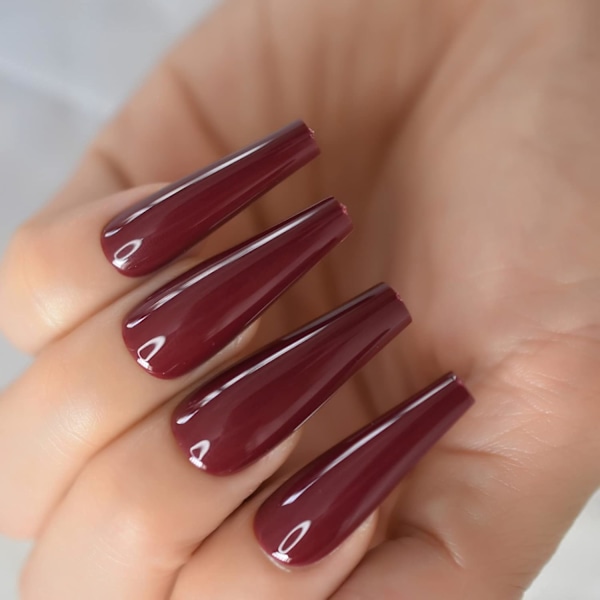 Salong Ultra Long Coffin Ballerina Display C Curved Falska Falska Naglar Bourgogne Mörk Röd Ingen Lim Solid Färg Artificiell Målad Press On Nail Art