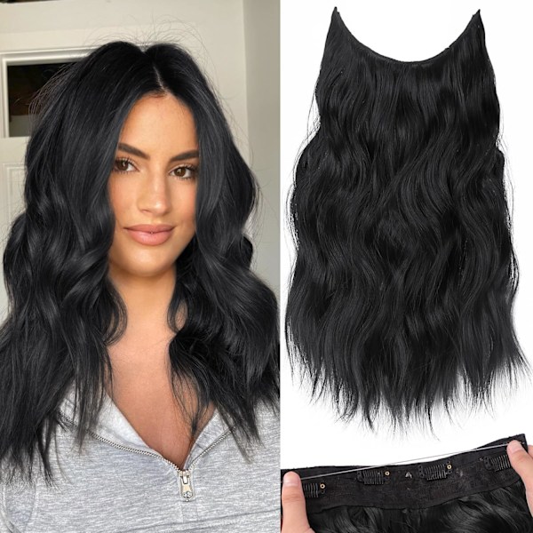 Usynlige trådhår extensions med transparent pannebånd justerbar størrelse 4 sikre klips lang bølget hemmelig trådhårpiece for kvinner (16 tommer, svart)