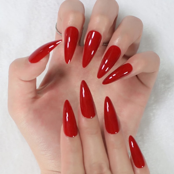 All Red Glossy False Nails Long Stiletto Full Cover Acrylic Hot Sexy Almond Solid Color Press On Nails 24 pcs/kit