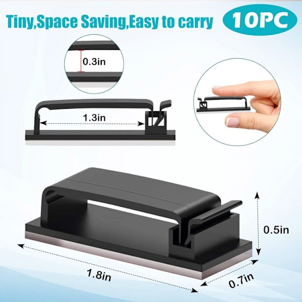 10 stk Selvklebende Kabelholder Slitesterke Klemmer for TV PC Laptop Ethernet-kabel Hjemmekontor (Svart)