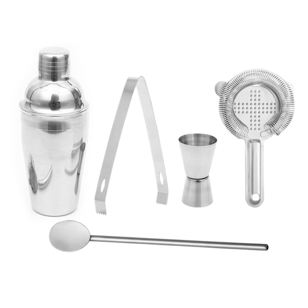 5-delt cocktailmixersæt i rustfrit stål 750 ml cocktailshaker ske målejigger klemme og si til bar